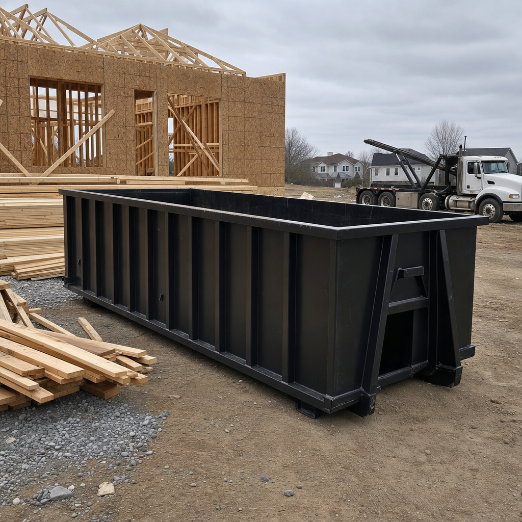 Matte-black 40-yard roll-off dumpster staged on a framed-out residential construction site in Costa Mesa, framing lumber stacked nearby, hooklift delivery truck visible in the background under bright Colorado daylight