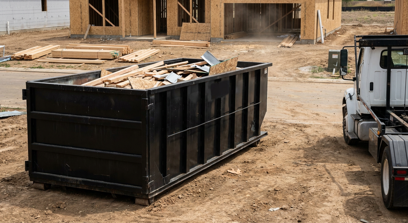 Matte-black 20-yard roll-off construction dumpster with heavy ribbed steel sidewalls and swing rear doors at a working jobsite in Costa Mesa, sitting directly on compacted dirt with an unmarked white hauler partially visible at the far edge of the frame.