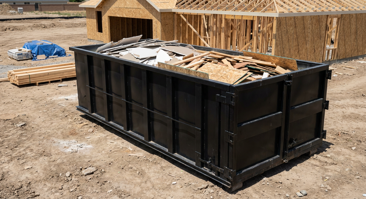 Matte-black 30-yard roll-off construction dumpster sitting directly on the compacted-dirt site of a framed single-family home build in Costa Mesa, drywall and lumber scrap loaded inside.