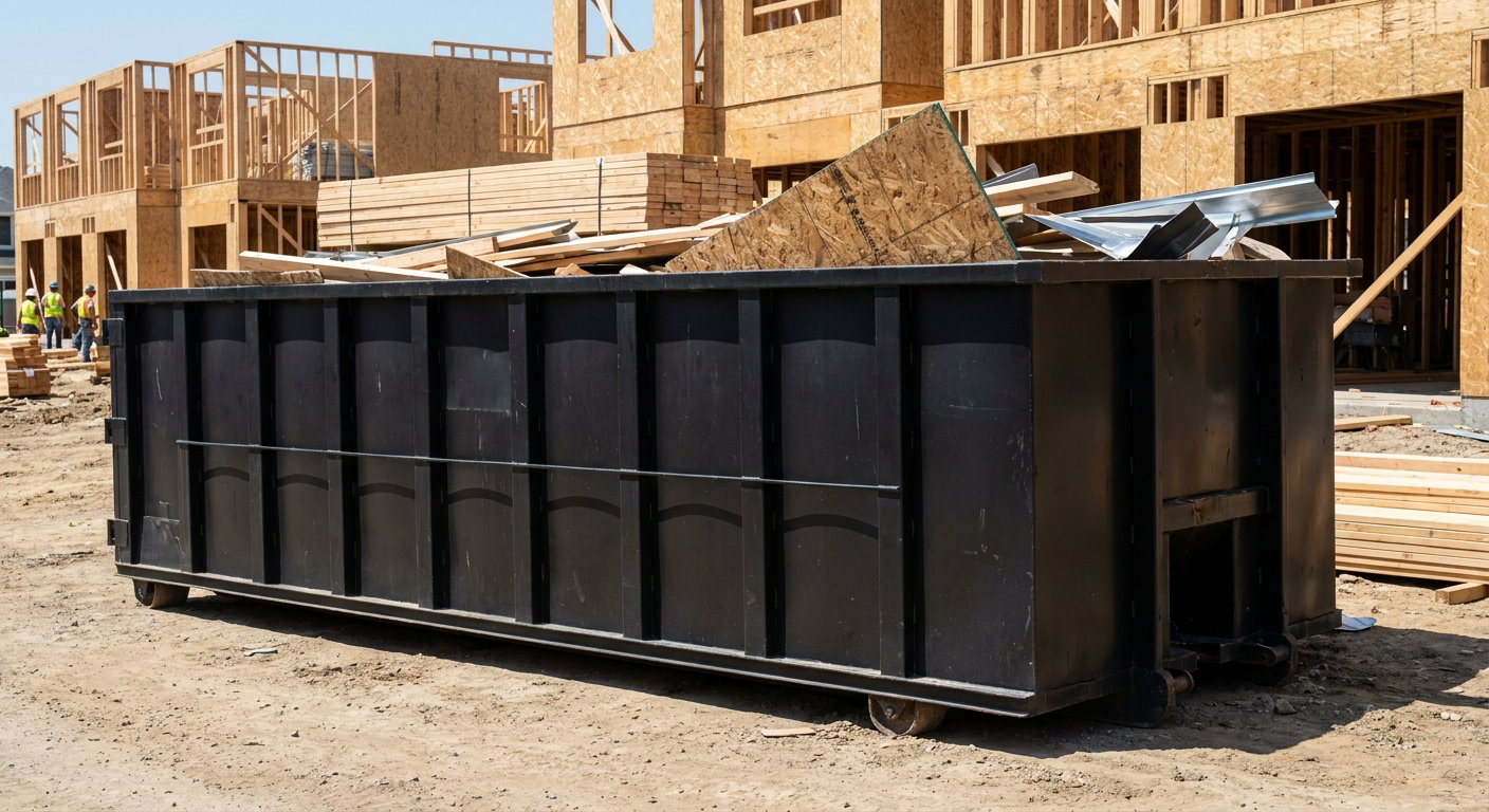 Matte-black 40-yard roll-off construction dumpster being lowered from a white-cab hooklift delivery truck onto the compacted-dirt jobsite at a commercial build site in Costa Mesa