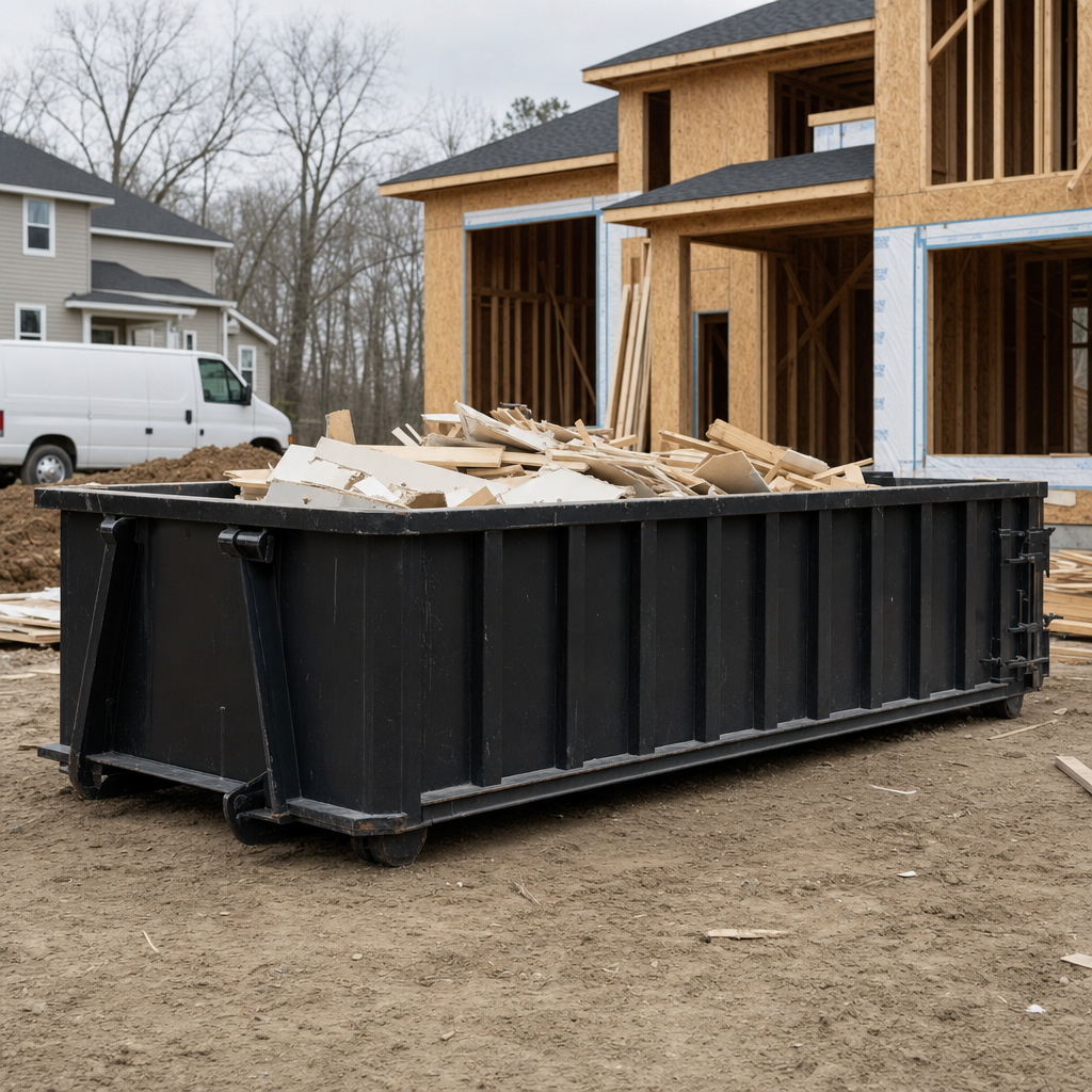 Worker in a yellow high-visibility vest tossing framing lumber and broken drywall into a matte-black 30-yard construction roll-off dumpster on an active build site in Costa Mesa, bright daylight