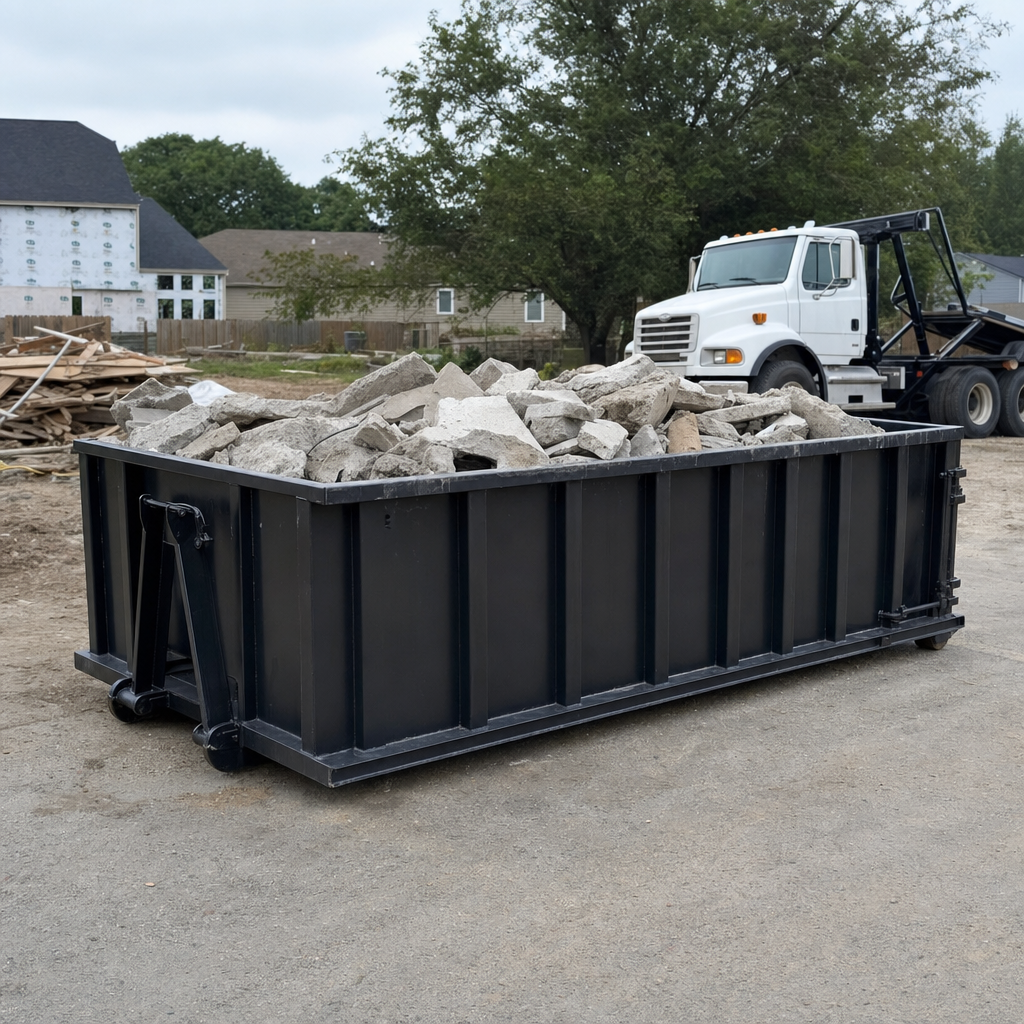 Low-profile matte-black lowboy roll-off dumpster loaded with broken concrete slab and rebar at a foundation tear-out in Costa Mesa, skid steer parked beside it, sunny Colorado morning