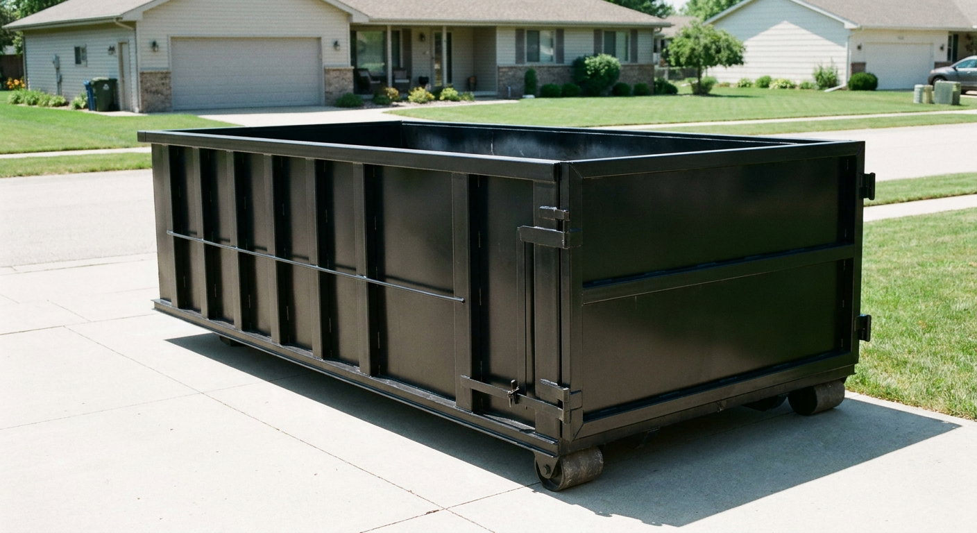 Matte-black 10-yard roll-off dumpster on a residential concrete driveway in Costa Mesa, uniformly painted matte black across every panel and rail, ribbed steel sidewalls and rear swing door visible, mid-day daylight.