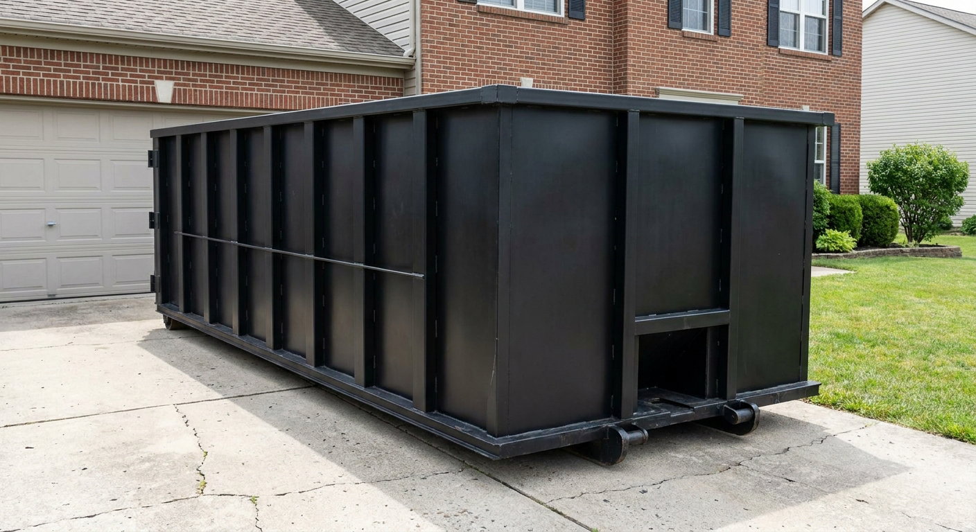 Matte-black 20-yard roll-off container on a Costa Mesa residential concrete driveway with reinforced ribbed steel sidewalls and a hinged rear walk-in door, clean bright daylight.