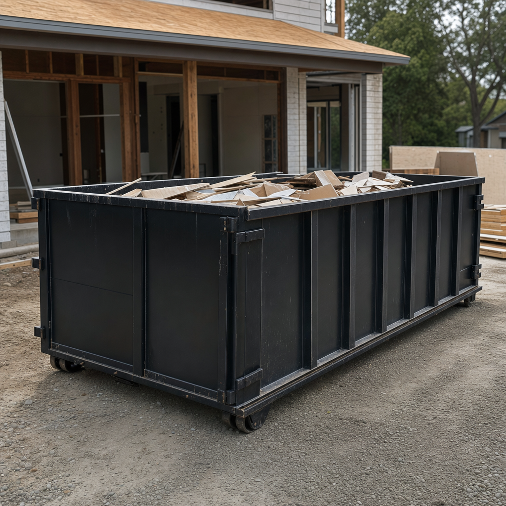 Large matte-black 30-yard construction roll-off dumpster at an active Costa Mesa jobsite, steel-gray top rails and bottom rollers visible, loaded with construction debris.