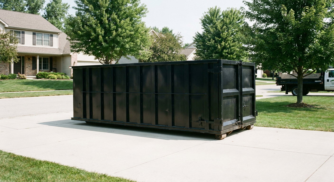 Matte-black 20-yard roll-off dumpster sitting level on a clean Costa Mesa residential concrete driveway under bright daylight, demonstrating clean placement directly on the concrete.
