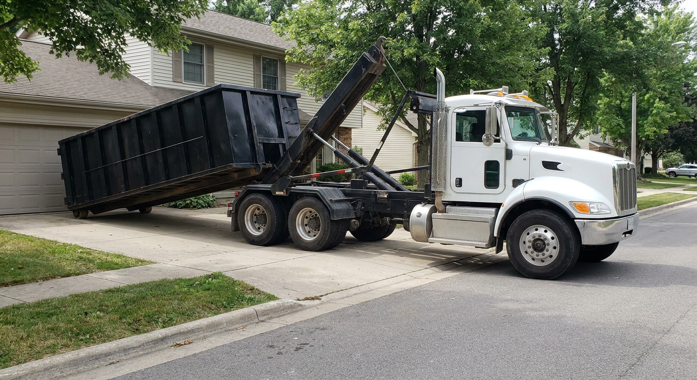 White-cab hooklift roll-off truck actively lowering a matte-black dumpster onto a Costa Mesa residential concrete driveway, the dumpster's rear wheels touching the driveway as the hoist arm tilts the bed forward, mid-morning daylight.
