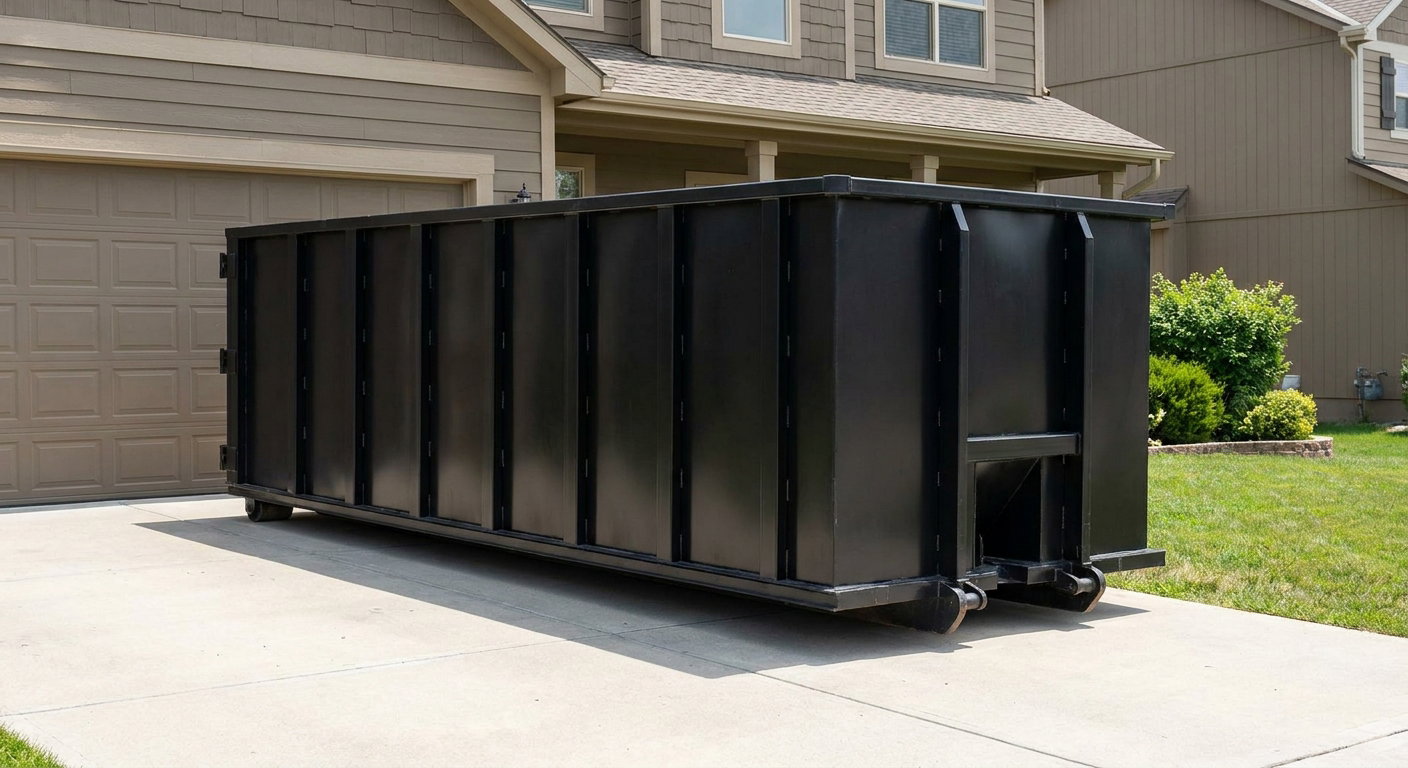 Matte-black residential roll-off dumpster sitting directly on a suburban Costa Mesa concrete driveway, garage door closed, single-family home in background, bright morning daylight.