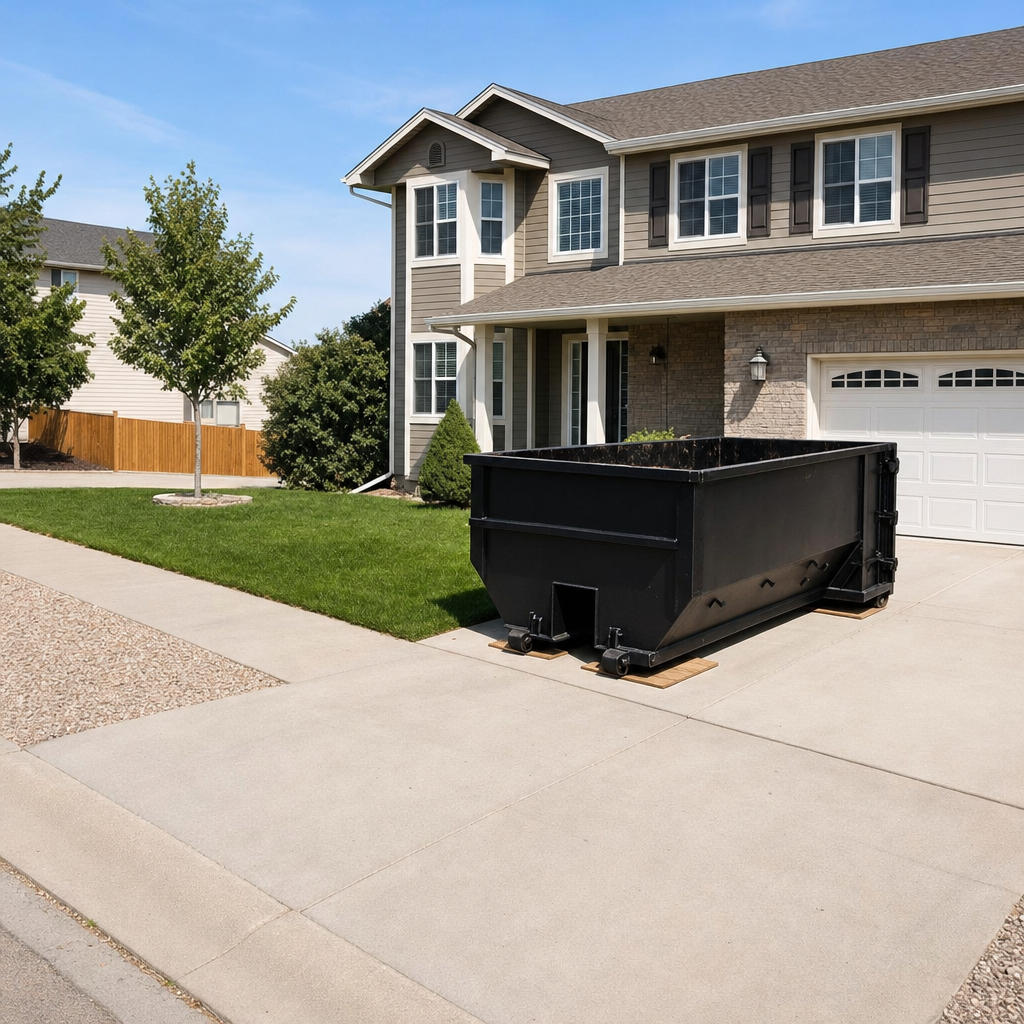 10-yard matte-black residential dumpster placed directly on a narrow Costa Mesa concrete driveway, room remains for a parked sedan beside it, mid-morning natural light