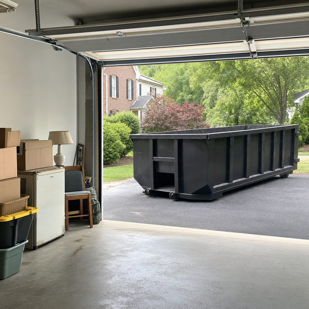 Open garage interior in a Costa Mesa home mid-cleanout — boxed items, an old appliance, and stacked yard tools queued near the driveway for a matte-black roll-off dumpster, organized and calm