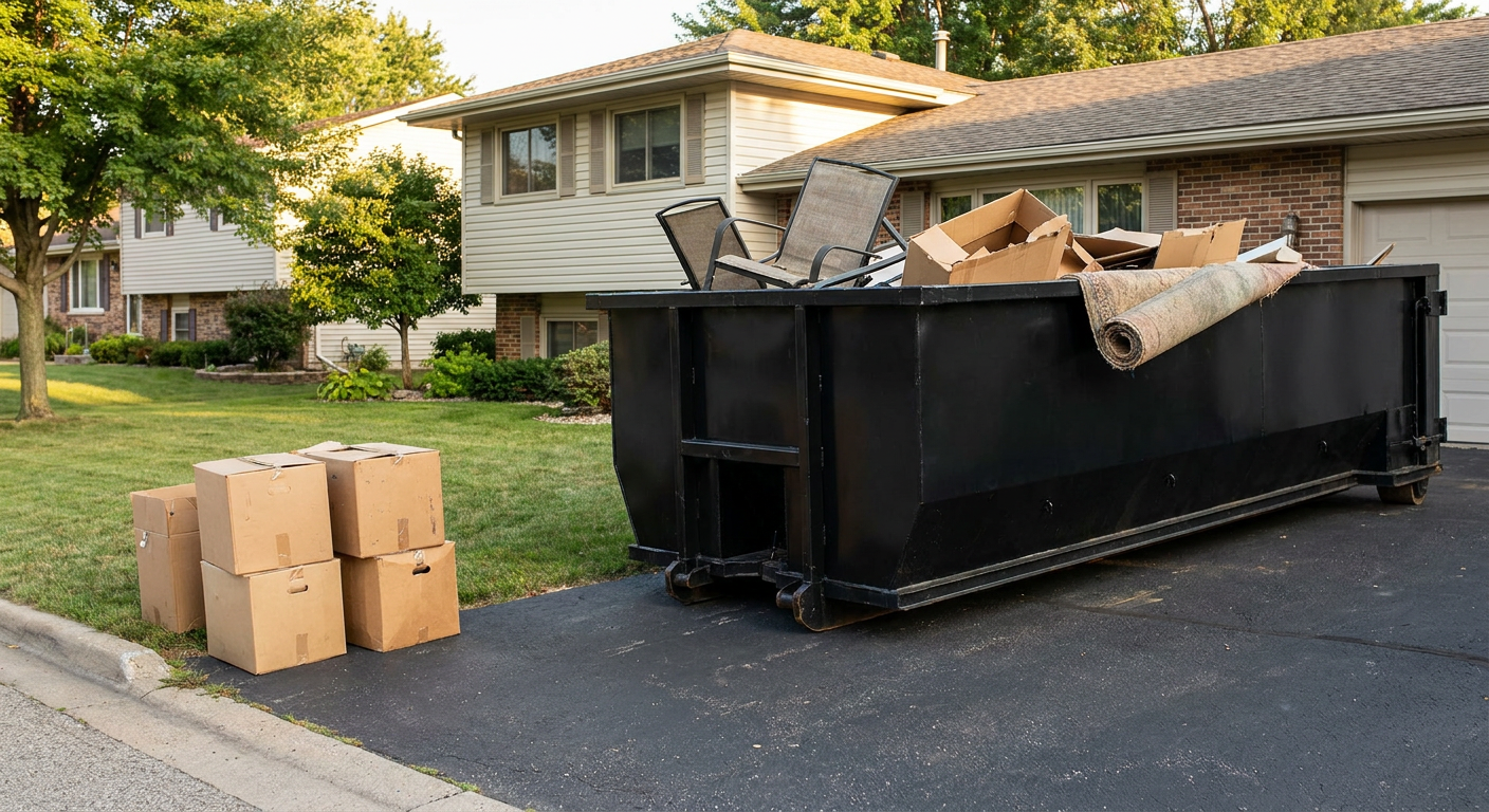 Front-yard view of a Costa Mesa split-level home with a 20-yard matte-black roll-off dumpster sitting directly on the asphalt driveway, a few clearly labeled donation boxes staged at the curb, calm sunny afternoon.
