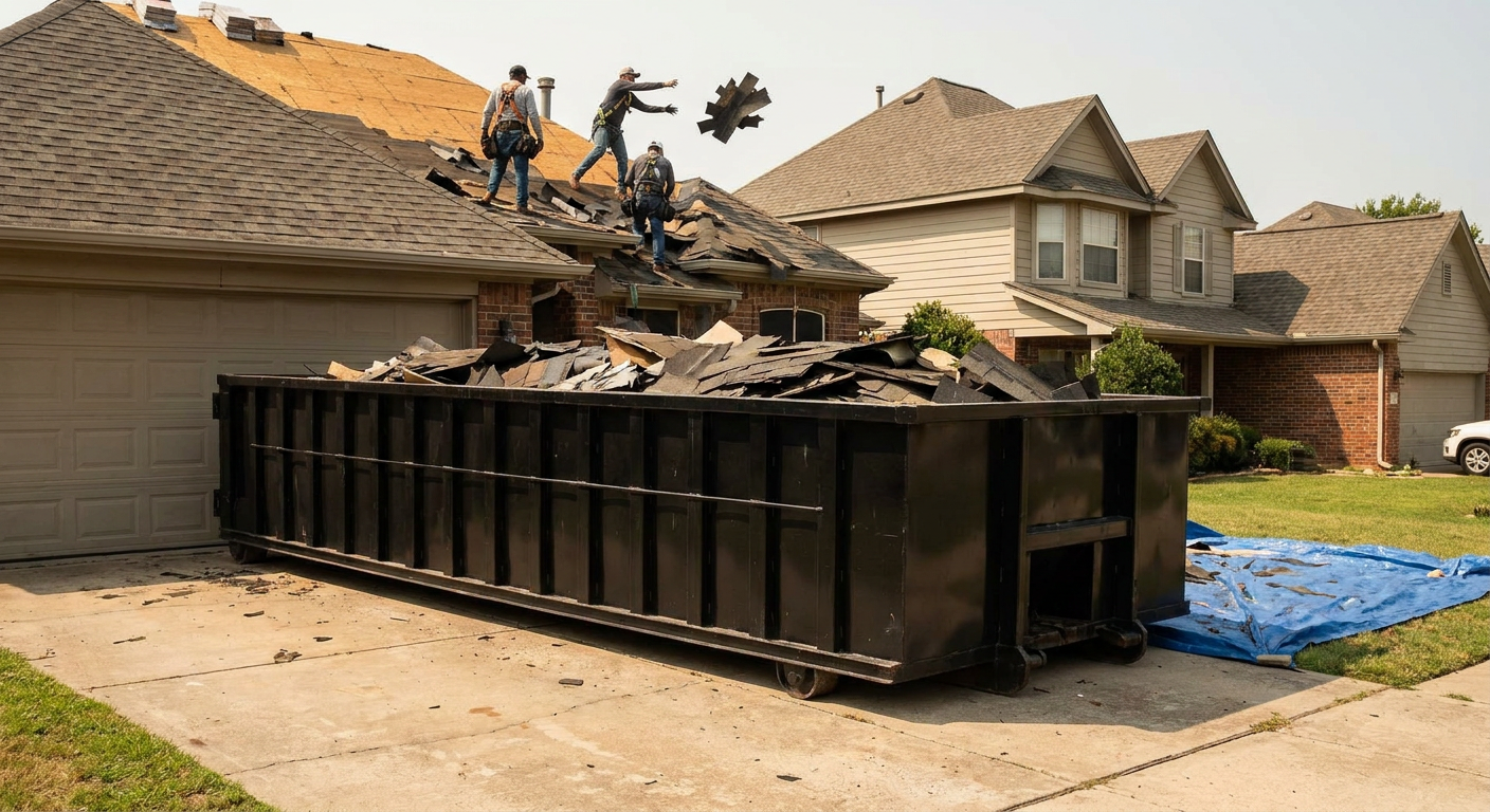 Matte-black roofing roll-off dumpster placed directly on a Costa Mesa residential concrete driveway, a tear-off crew on a two-story asphalt-shingle roof tossing shingle bundles into the low-walled container, bright daylight, documentary 35mm perspective.