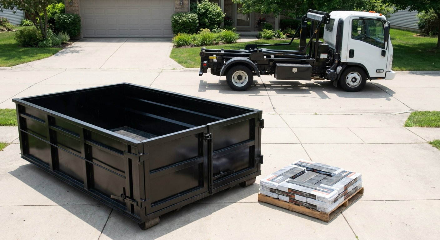 Matte-black 15-yard roofing roll-off dumpster with reinforced low side walls sitting directly on a Costa Mesa residential concrete driveway, three-tab asphalt shingle bundles stacked nearby, an unmarked white hauler truck partially visible at the edge of the frame.