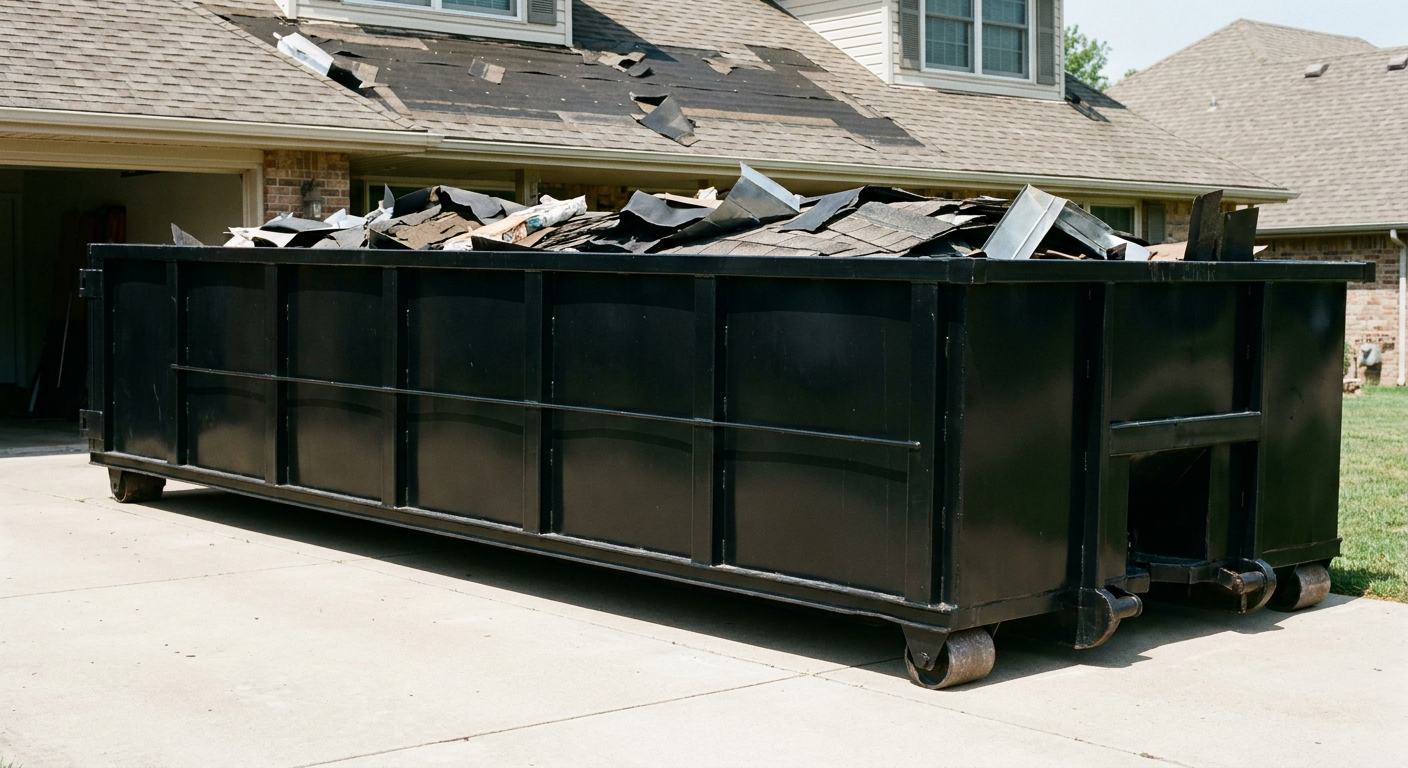 Matte-black 20-yard roofing roll-off dumpster with steel ribbed sides and swinging rear door, sitting directly on the concrete driveway of a two-story Costa Mesa home, asphalt shingle debris being loaded over the low wall, clean documentary lighting.