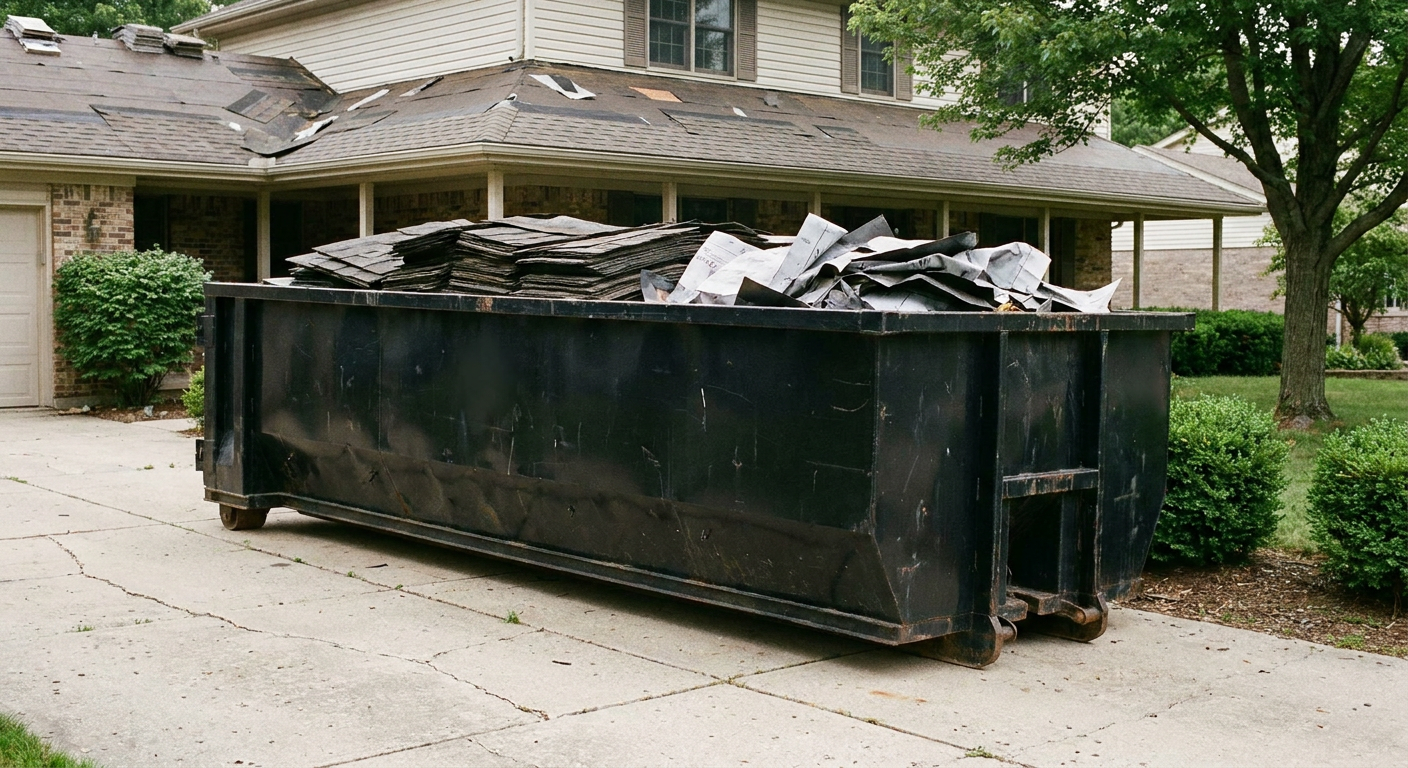 Matte-black 30-yard roofing roll-off dumpster sitting directly on a Costa Mesa concrete driveway, taller ribbed steel side panels, mixed tear-off debris of asphalt shingles and underlayment inside, professional documentary daylight.