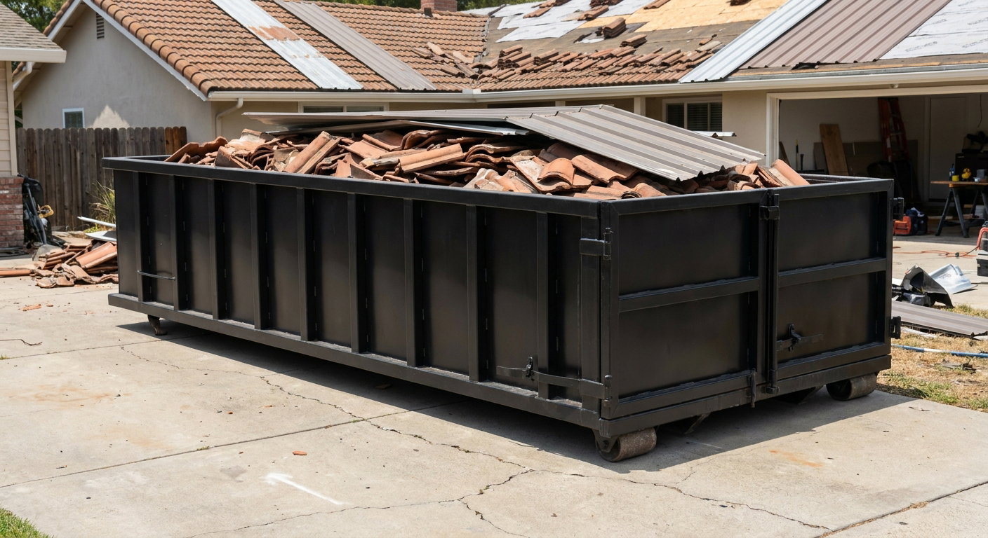 Matte-black low-wall heavy-debris roofing roll-off dumpster sitting directly on a Costa Mesa concrete driveway, broken concrete clay roof tiles and metal panel sections loaded inside, reinforced ribbed steel side walls visible, bright outdoor daylight.