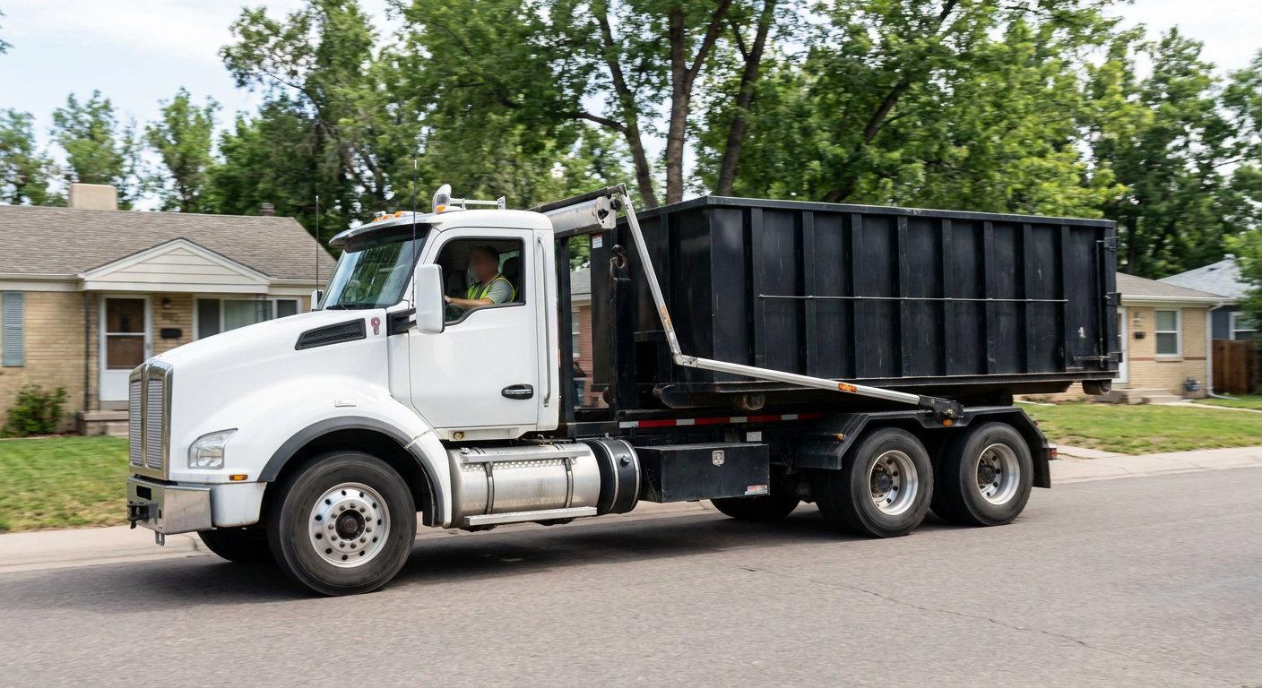 A wide documentary shot of a matte-black roll-off delivery truck pulling onto a quiet Costa Mesa residential street at mid-morning, with neighborhood rooftops and tree-lined blocks visible behind, showing the metro coverage footprint.