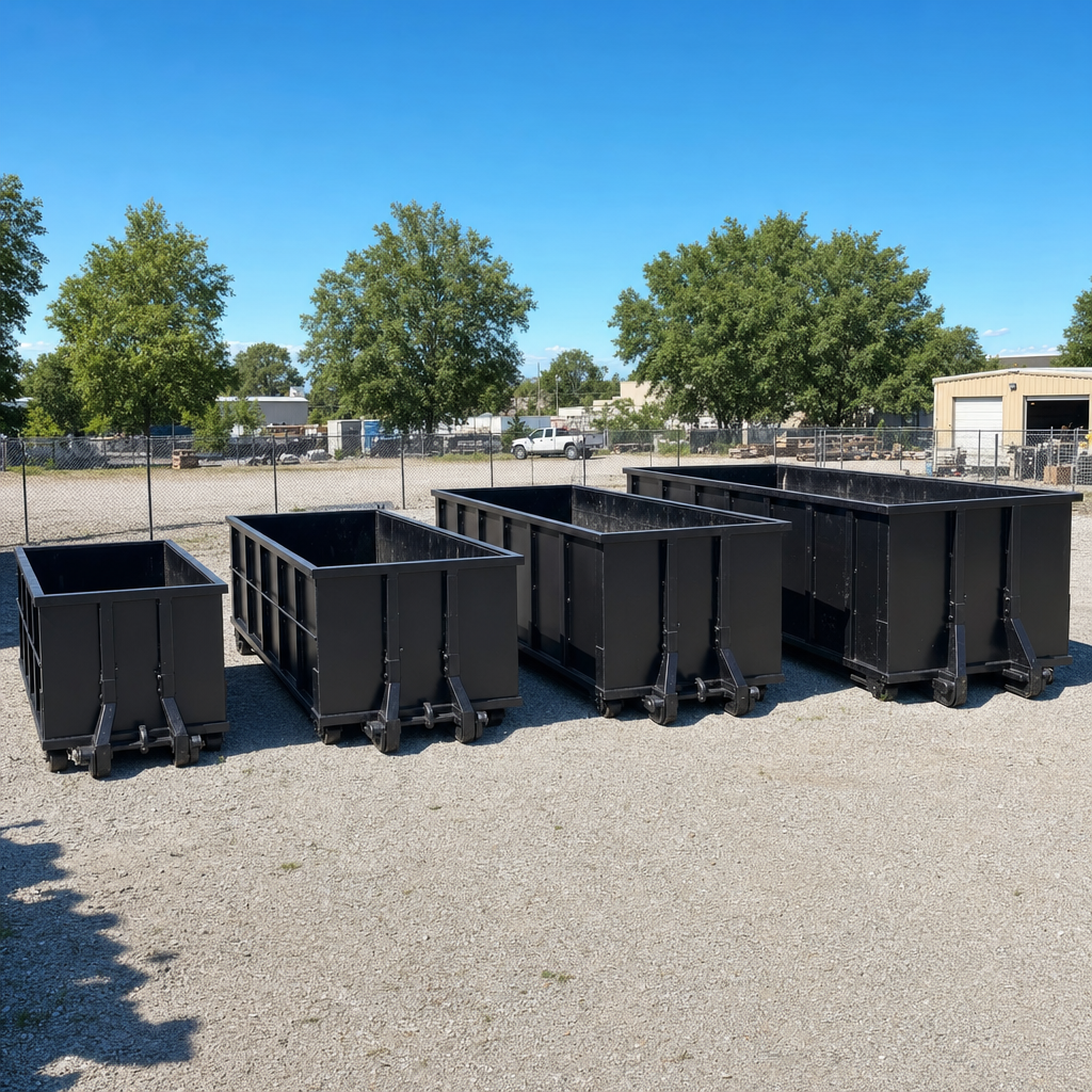 A clean lineup of matte-black roll-off dumpsters in 10, 20, 30, and 40-yard sizes staged on a sunlit gravel yard in Costa Mesa, showing the size progression from compact to commercial-scale containers.