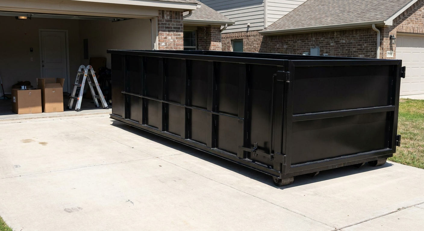 A matte-black 10-yard roll-off dumpster sitting directly on a residential Costa Mesa concrete driveway, mid-day sunlight, clean and ready for a garage cleanout.