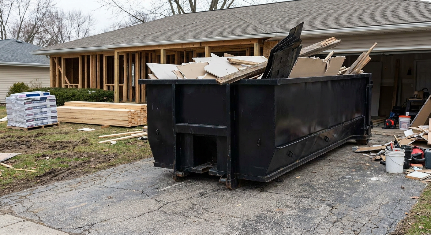 A matte-black 20-yard roll-off dumpster placed alongside a mid-renovation Costa Mesa home directly on the asphalt driveway, with framing materials and torn-off shingles staged neatly nearby.