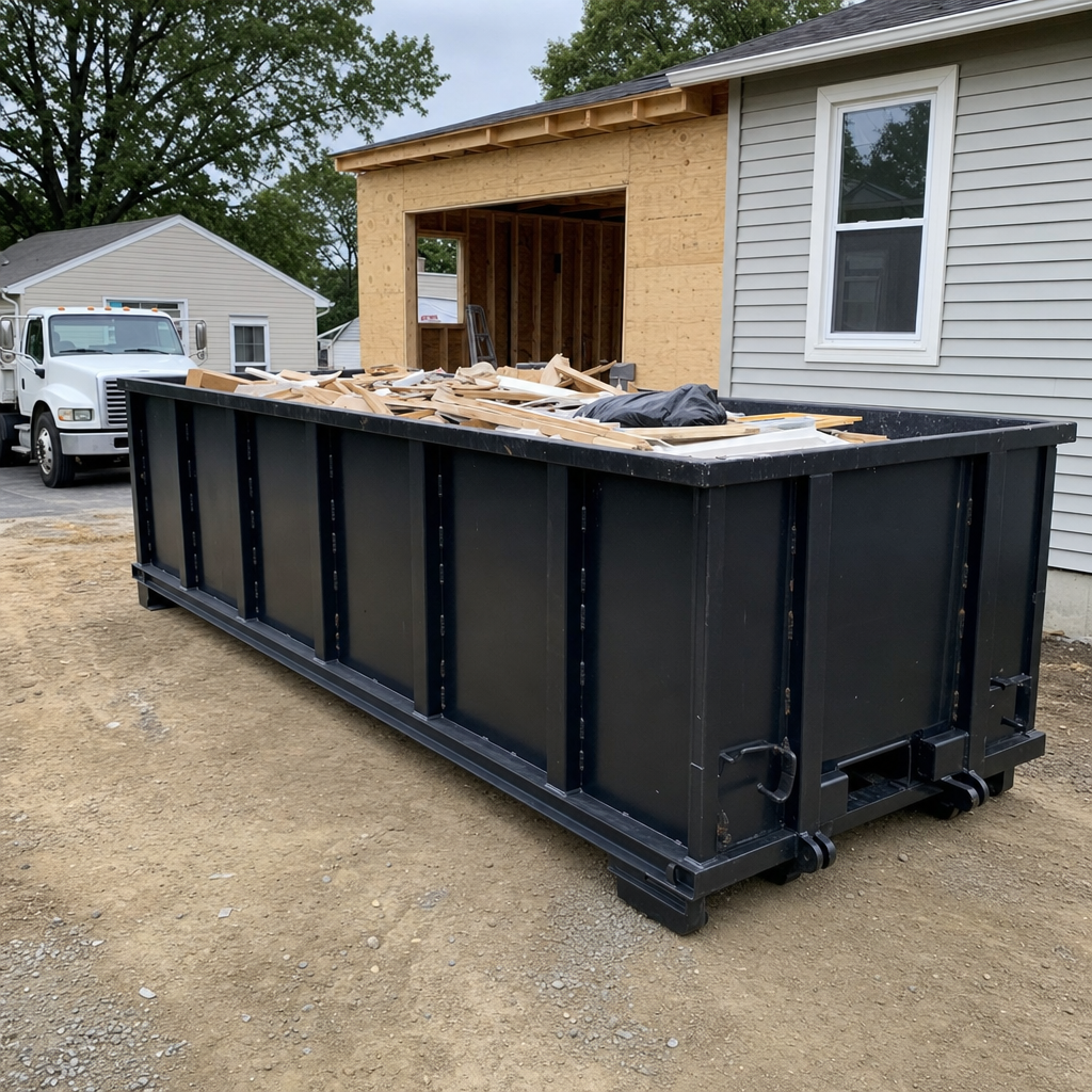 A matte-black 30-yard roll-off dumpster positioned at a Costa Mesa residential addition jobsite, with framing lumber and drywall scraps loaded through the open swinging rear doors.