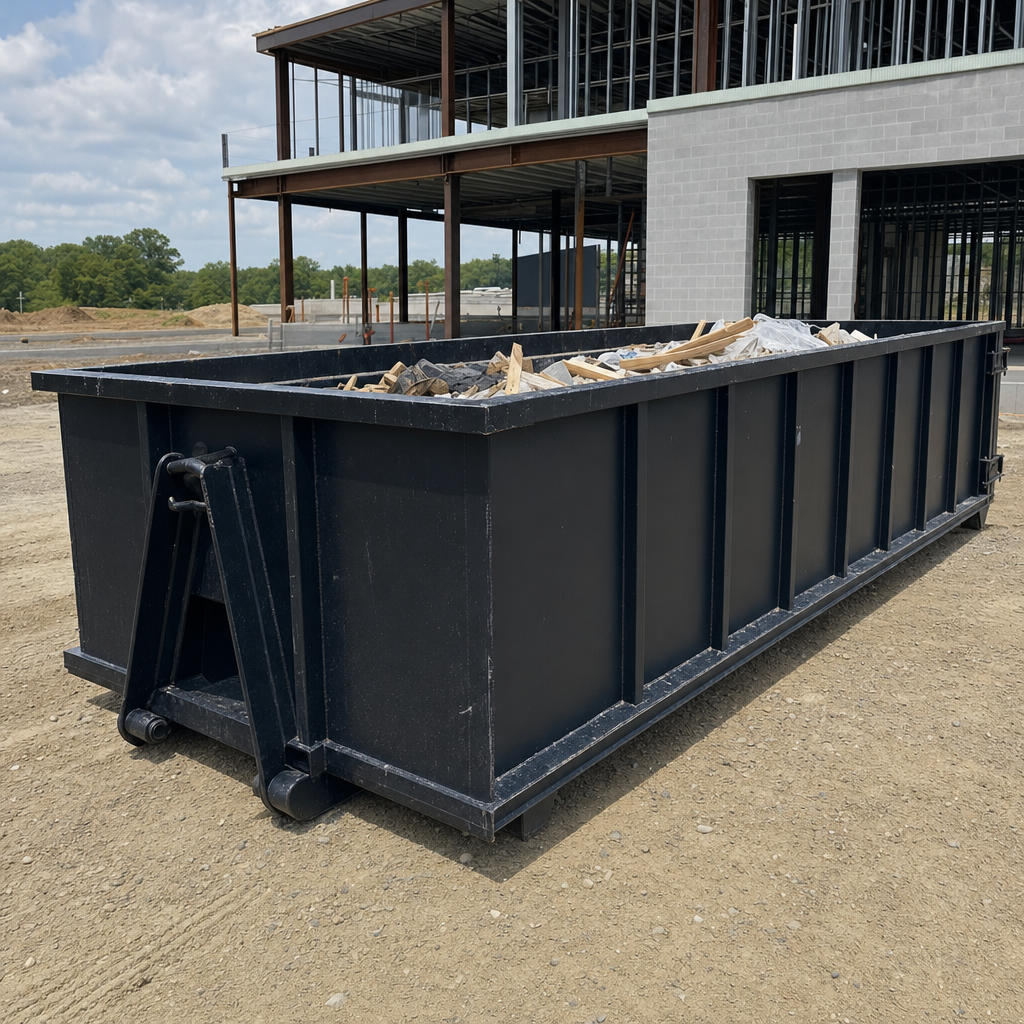 A matte-black 40-yard roll-off dumpster staged on a large Costa Mesa commercial construction lot, with a hooklift delivery truck parked alongside under bright midday sky.