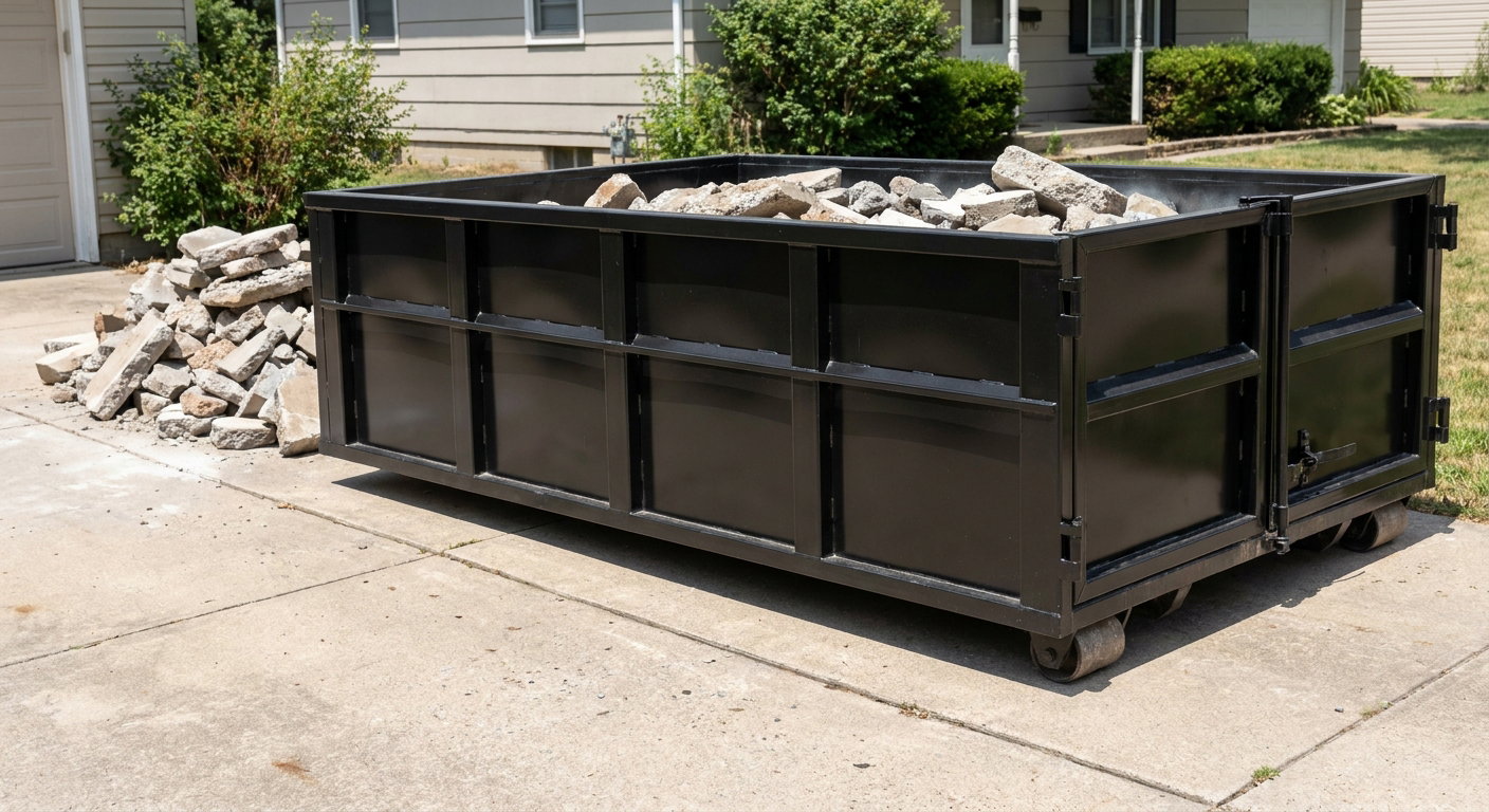 A matte-black low-side heavy-debris roll-off dumpster placed directly on a Costa Mesa concrete driveway, with broken concrete chunks neatly stacked beside it under clean daylight.